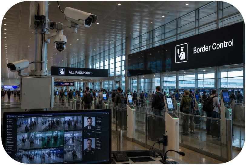 Airport border control with surveillance cameras and monitoring systems