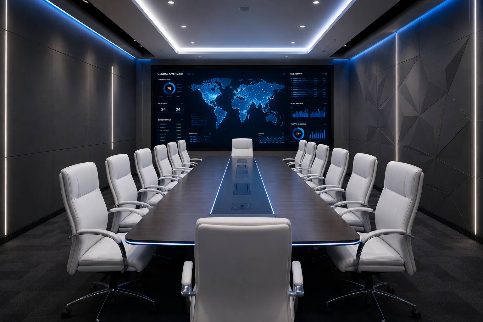 Professional AV boardroom with blue LED lighting