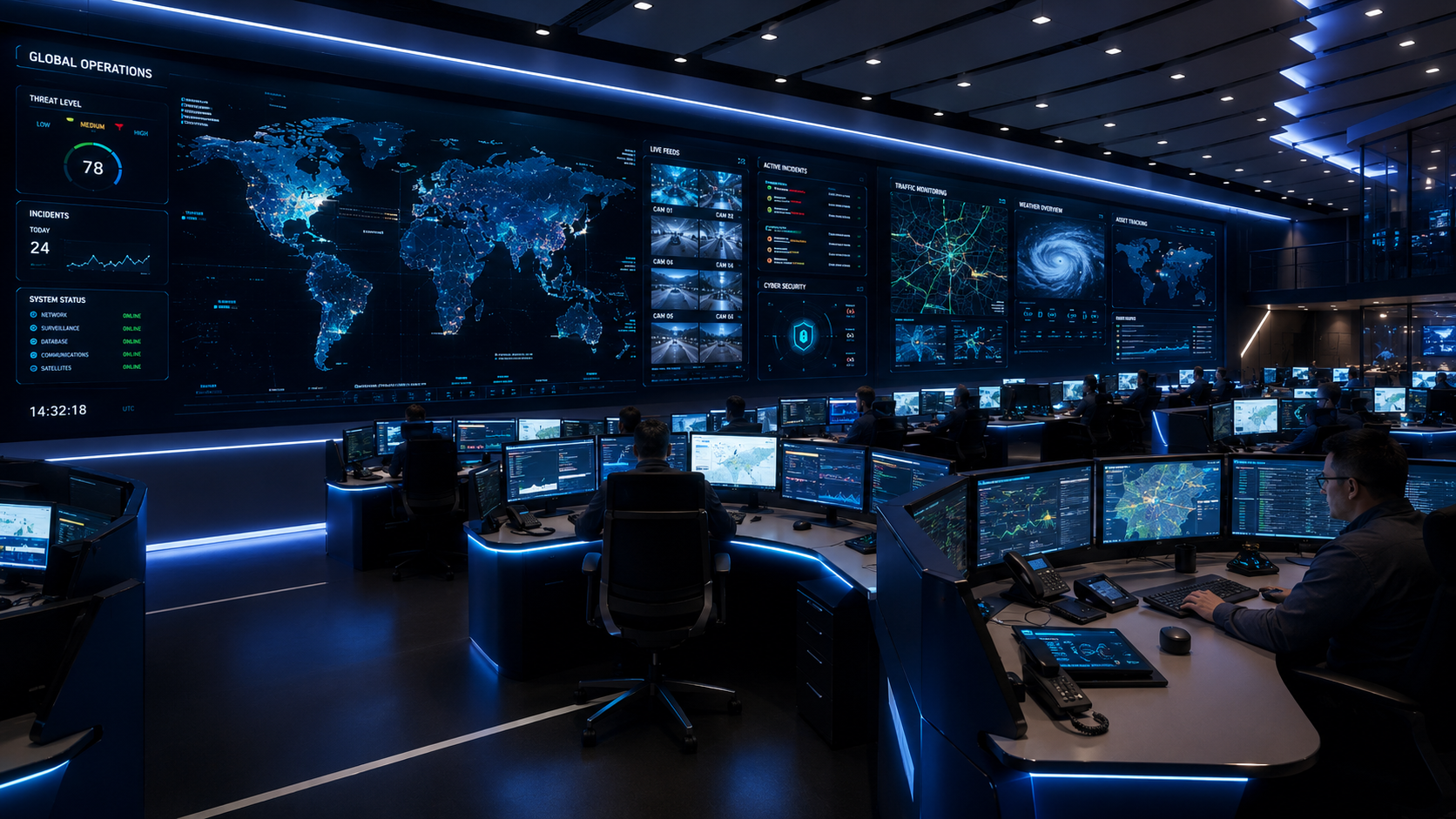 Global operations command center with operator workstations